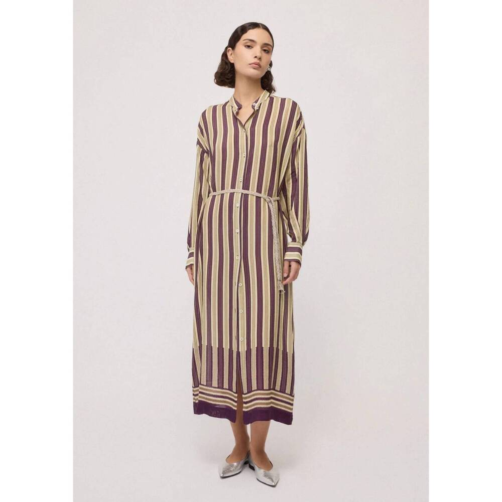 NEW OTTOD'AME linen blend shirt dress in lemon/borgogna